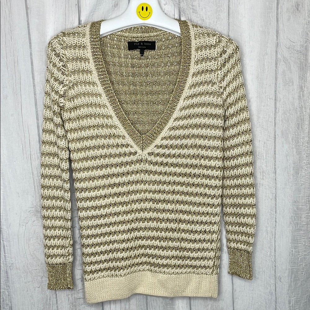 Rag & Bone Alpaca blend Metallic Striped V-Neck Sweater.